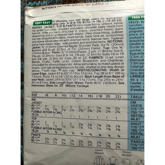 Butterick Sewing pattern 6631 suit blazer top pants size 18 20 22 - Picture 4 of 7